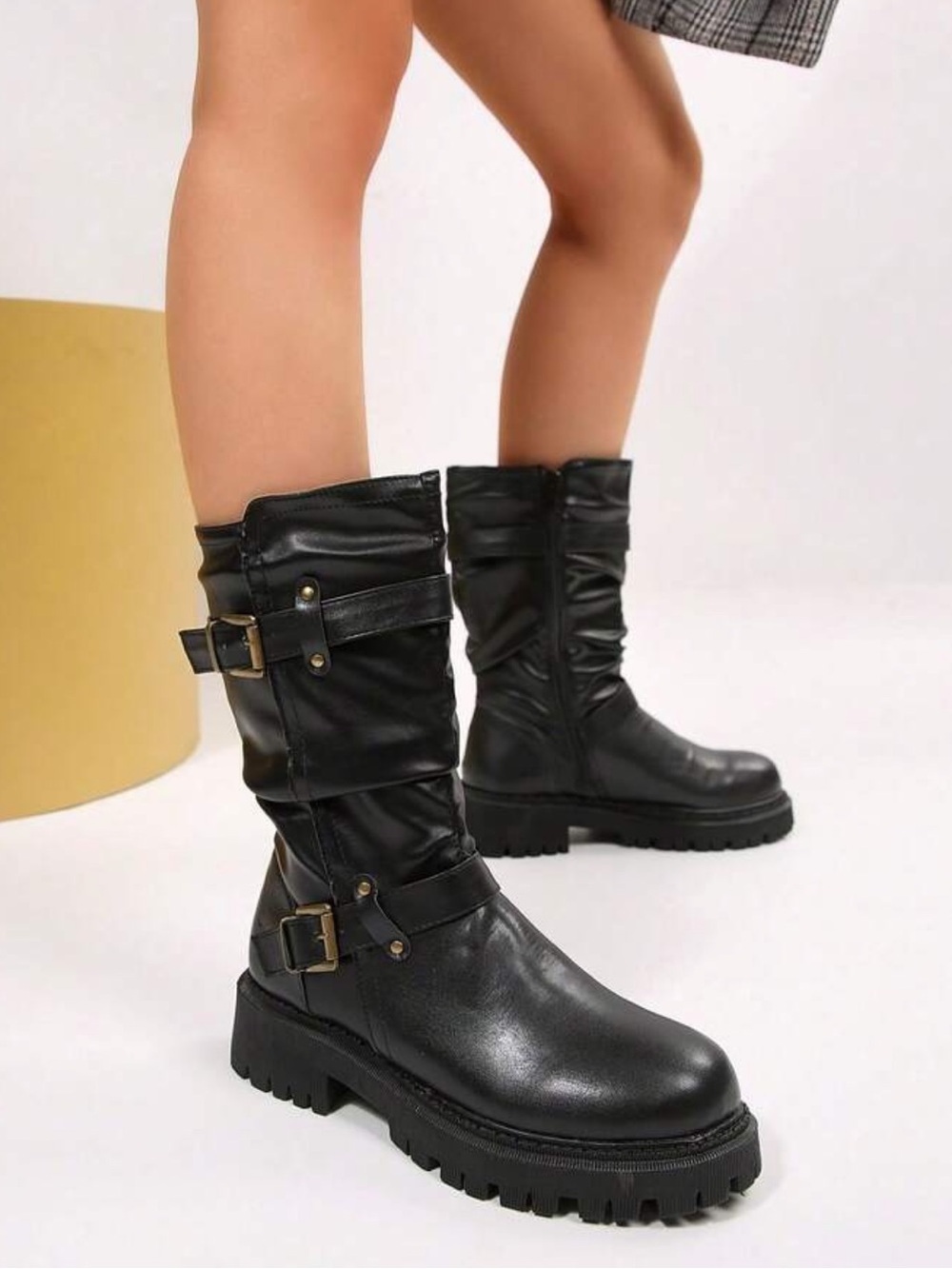 Black Moto Combat Boots Buckle Strap Lug Sole Mid Calf NWOT - Picture 8 of 11
